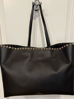 Valentino Black Leather Tote with Gold Pyramid Studs